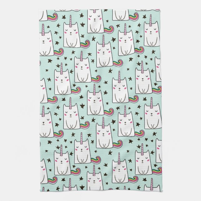 Cute Hand Drawn Unicorn Cat Pattern Kitchen Towel (Vertical)