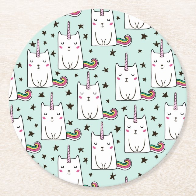 Cute Hand Drawn Unicorn Cat Pattern Round Paper Coaster (Front)