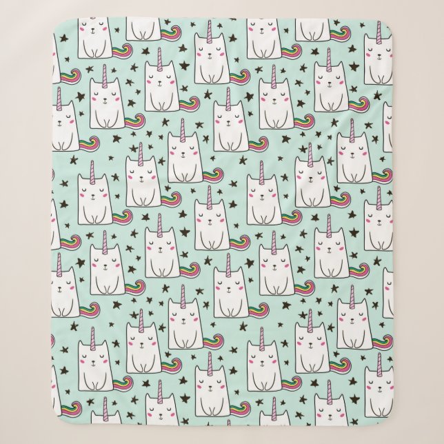 Cute Hand Drawn Unicorn Cat Pattern Sherpa Blanket (Front)