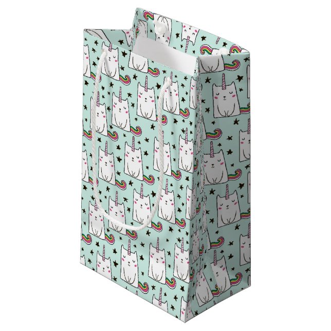 Cute Hand Drawn Unicorn Cat Pattern Small Gift Bag (Front Angled)