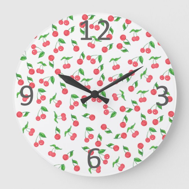 cute hand drawn watercolor cherry pattern large clock (Front)