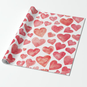 Cute Hand-drawn Watercolor Red Hearts Wrapping Paper