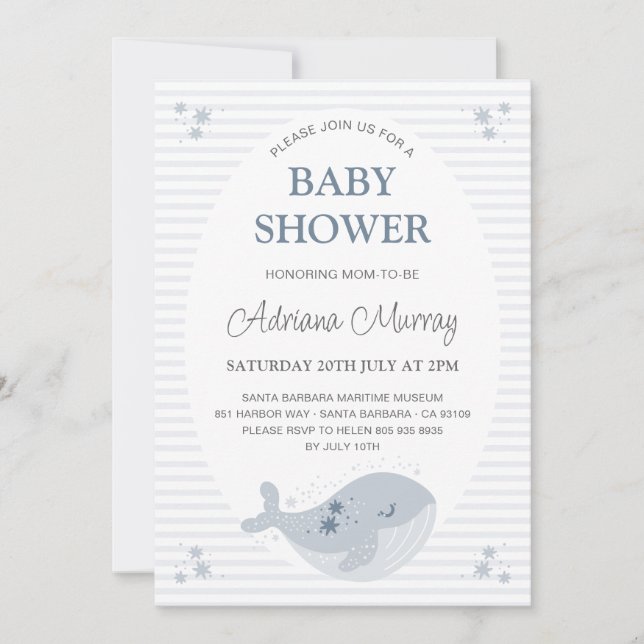 Cute Hand Drawn Whale Dusty Blue Baby Shower Invitation (Front)