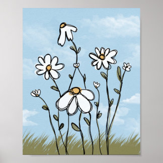Cute Hand-Drawn White Daisies Watercolor Art Poster