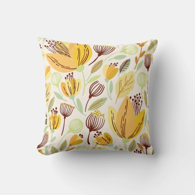Cute Hand Drawn Yellow Floral Pattern Throw Pillow (Front)