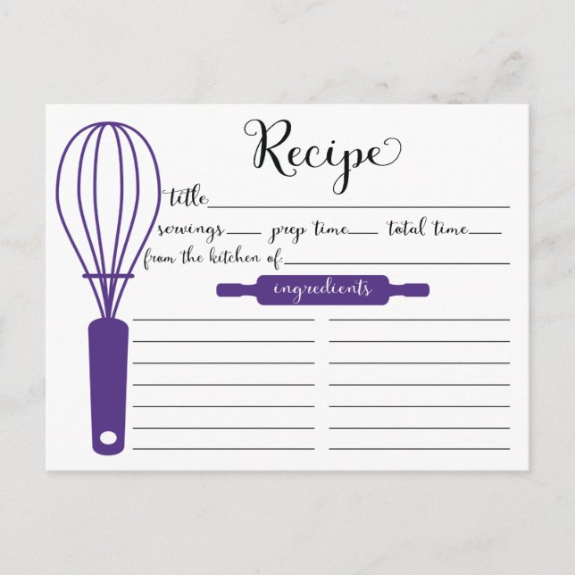 Cute Hand Lettered Purple Whisk Recipe Card (Front)