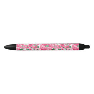 Cute Hand Paint Pink Flowers Elegant White Design Black Ink Pen
