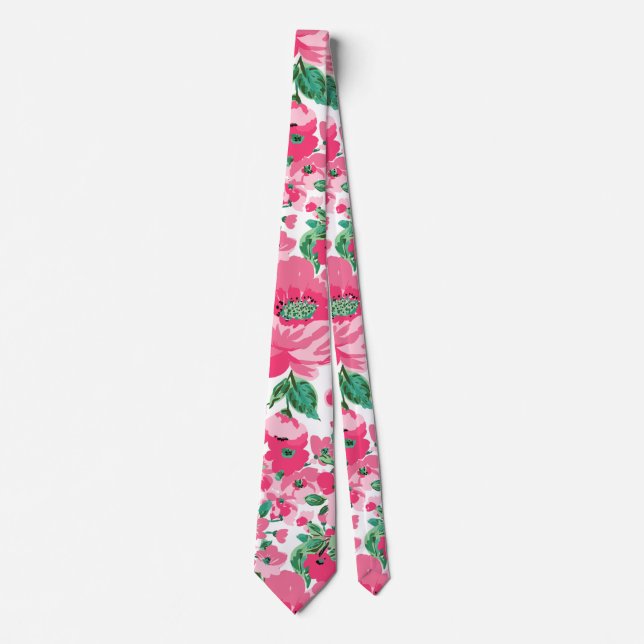 Cute Hand Paint Pink Flowers Elegant White Design Tie (Front)