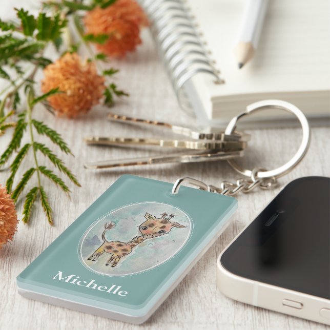 Cute Hand Painted Giraffe Personalized Keychain (Front Right)