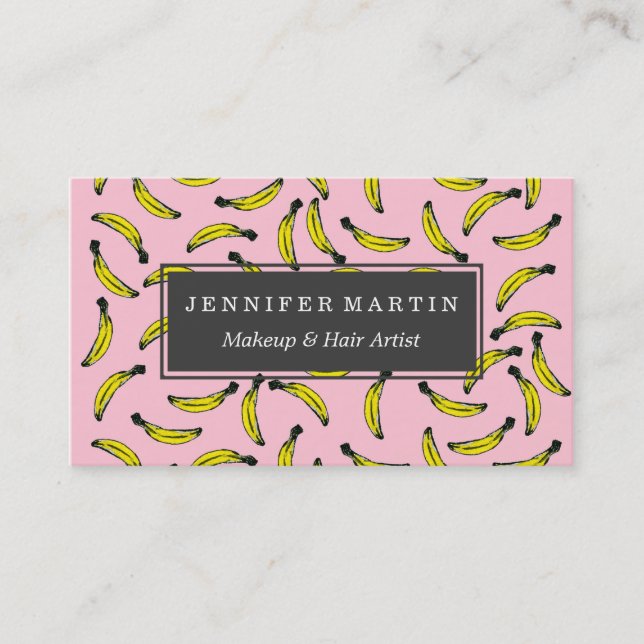 Cute Hand Painted Watercolor Bananas and Pink Business Card (Front)
