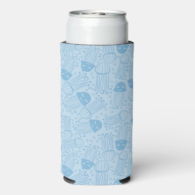 Cute handmade jelly fish pattern blue background seltzer can cooler (Seltzer Back)