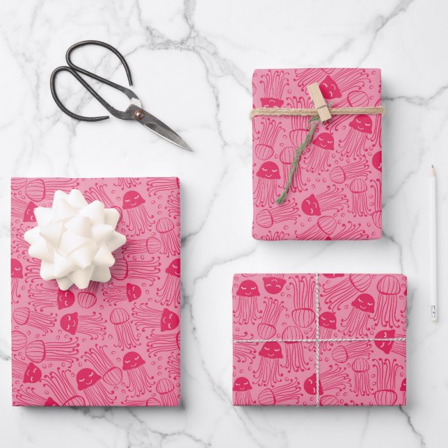 Cute handmade jelly fish pattern pink background wrapping paper sheet (Front)