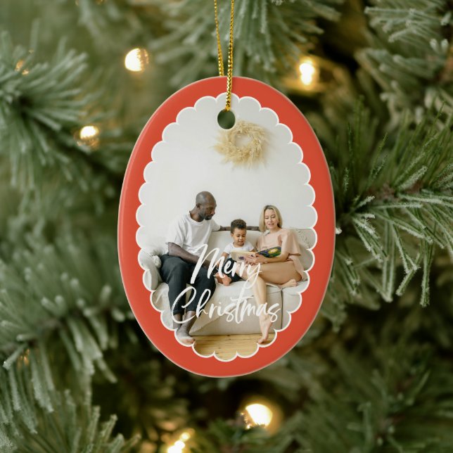 Cute Handwritten Script Merry Christmas 2 Photo Ceramic Ornament (Tree)