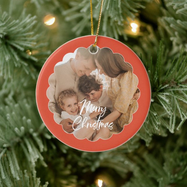 Cute Handwritten Script Merry Christmas Photo Ceramic Ornament (Tree)