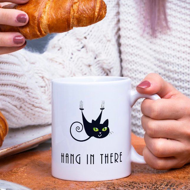 Cute Hang in There Hanging Black Cat Green Eyes Coffee Mug (Creator Uploaded)