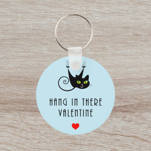 Cute Hang in There Valentine Hanging Black Cat Keychain