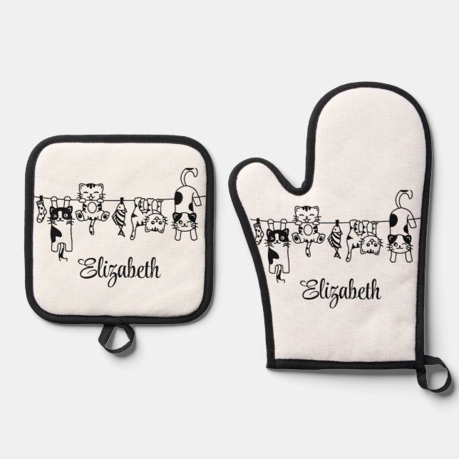 Cute Hanging Kittens Custom Name Oven Mitt & Pot Holder Set (Front)