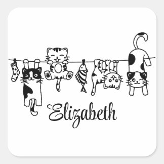 Cute Hanging Kittens Custom Name Square Sticker