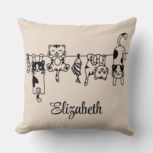 Cute Hanging Kittens Custom Name Throw Pillow (Front)