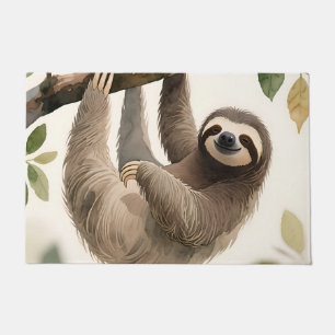 Cute Hanging Sloth Watercolor Relaxed Smile Doormat