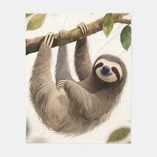 Cute Hanging Sloth Watercolor Relaxed Smile Fleece Blanket
