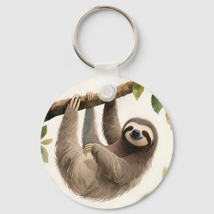 Cute Hanging Sloth Watercolor Relaxed Smile Keychain