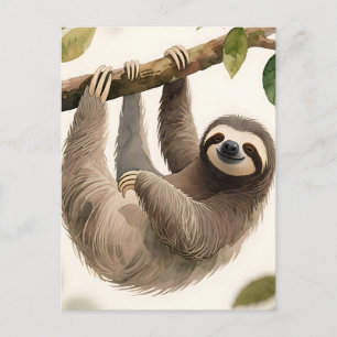 Cute Hanging Sloth Watercolor Relaxed Smile Postcard