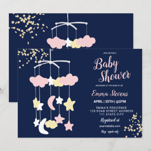 Cute hanging toy sky gold glitter baby shower invitation