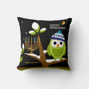Cute Hanukkah Big Owl & Menorah Snowy Tree Night Throw Pillow