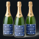 Cute Hanukkah Dreidel Menorah Customizable Party Sparkling Wine Label<br><div class="desc">Beautiful custom Hanukkah party sparkling wine label in pretty blue with a cool pattern of Judaism star,  dreidel for fun Chanukah games,  and the Jewish menorah. Pretty holiday dinner accessory or guest gift with your last name customized in white.</div>