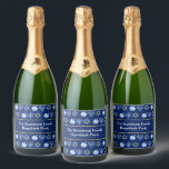 Cute Hanukkah Dreidel Menorah Customizable Party Sparkling Wine Label<br><div class="desc">Beautiful custom Hanukkah party sparkling wine label in pretty blue with a cool pattern of Judaism star,  dreidel for fun Chanukah games,  and the Jewish menorah. Pretty holiday dinner accessory or guest gift with your last name customized in white.</div>