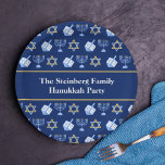 Cute Hanukkah Dreidel Menorah Pattern Custom Party Paper Plate<br><div class="desc">Beautiful customizable Hanukkah party paper plate in pretty blue with a cool pattern of Judaism star,  dreidel for fun Chanukah games,  and the Jewish menorah for a holiday dinner or gathering with your synagogue.</div>