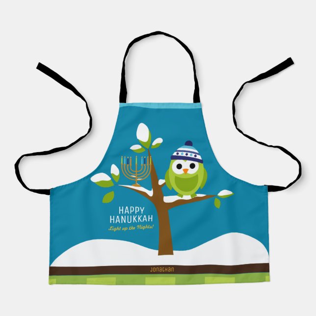 Cute Hanukkah Owl & Menorah Snowy Tree  for Kids Apron (Front)