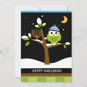 Cute Hanukkah Owl & Menorah Snowy Tree Holiday Card