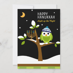 Cute Hanukkah Owl & Menorah Snowy Tree Holiday Card