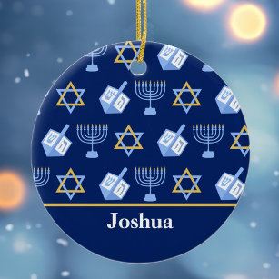 Cute Hanukkah Pattern Blue Monogram Holiday Ceramic Ornament