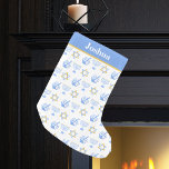 Cute Hanukkah Pattern Personalized Jewish Kids Small Christmas Stocking<br><div class="desc">Beautiful Hanukkah stocking in pretty white and pale blue with a cool pattern of Judaism star,  dreidel for fun Chanukah games,  and the Jewish menorah for the holiday. Customize with your kids name in white on the baby blue stripe.</div>