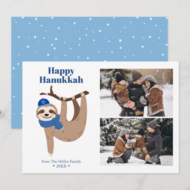 Cute Hanukkah Sloth 2 Photo Collage Holiday Card (Front/Back)