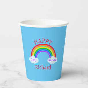 Cute Happy 1st Birthday Rainbow Clouds Blue Party Paper Cups