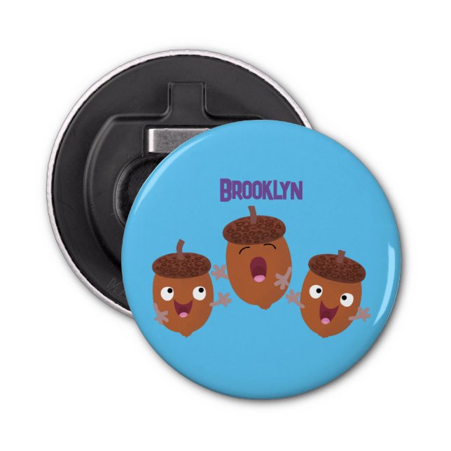 Cute happy acorns singing cartoon for kids bottle opener (Front)