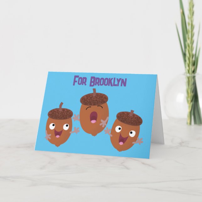 Cute happy acorns singing cartoon for kids card (Front)
