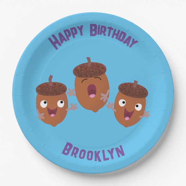 Cute happy acorns singing cartoon for kids paper plate (Front)