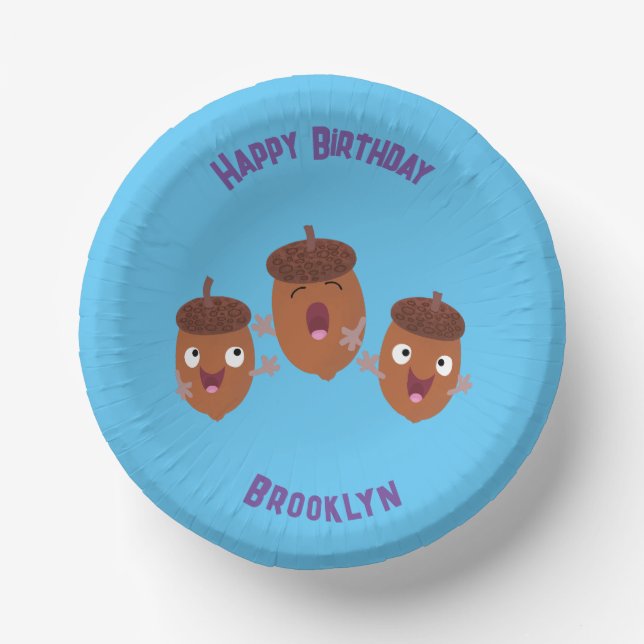 Cute happy acorns singing cartoon for kids paper plate (Front)