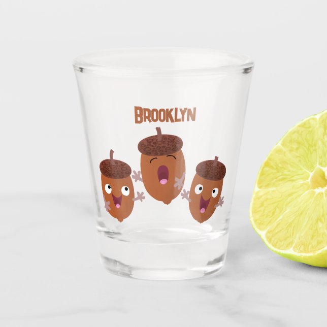 Cute happy acorns singing cartoon for kids shot glass (Front)