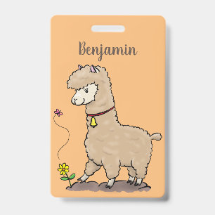Cute happy alpaca with butterfly cartoon badge