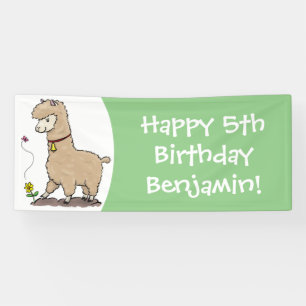 Cute happy alpaca with butterfly cartoon banner