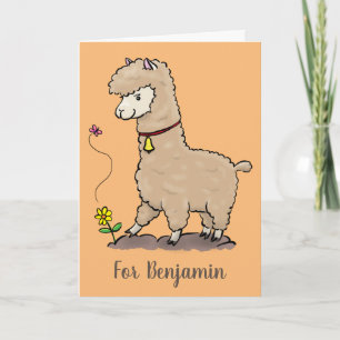 Cute happy alpaca with butterfly cartoon card