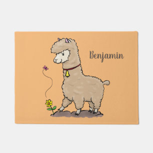 Cute happy alpaca with butterfly cartoon doormat