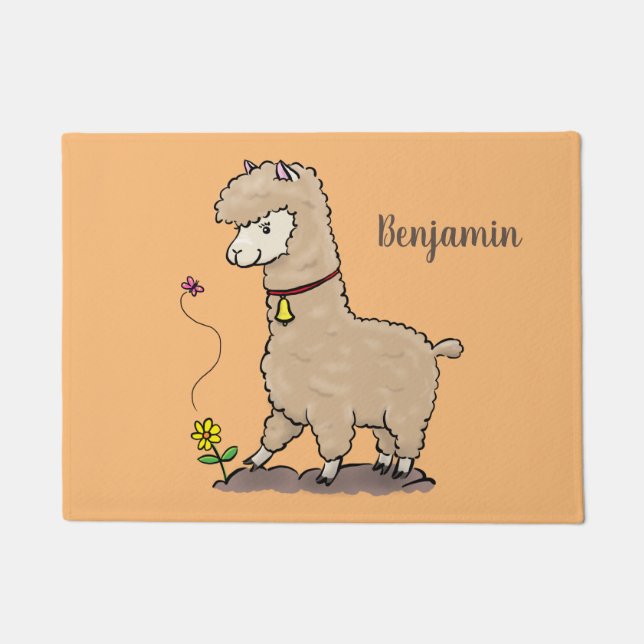 Cute happy alpaca with butterfly cartoon doormat (Front)