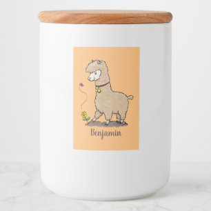 Cute happy alpaca with butterfly cartoon food label